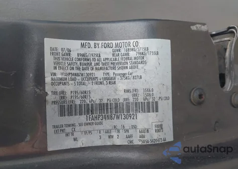 2007 Ford Focus S/Se/Ses z USA, uszkodzony, nr VIN 1FAHP34N87W130921